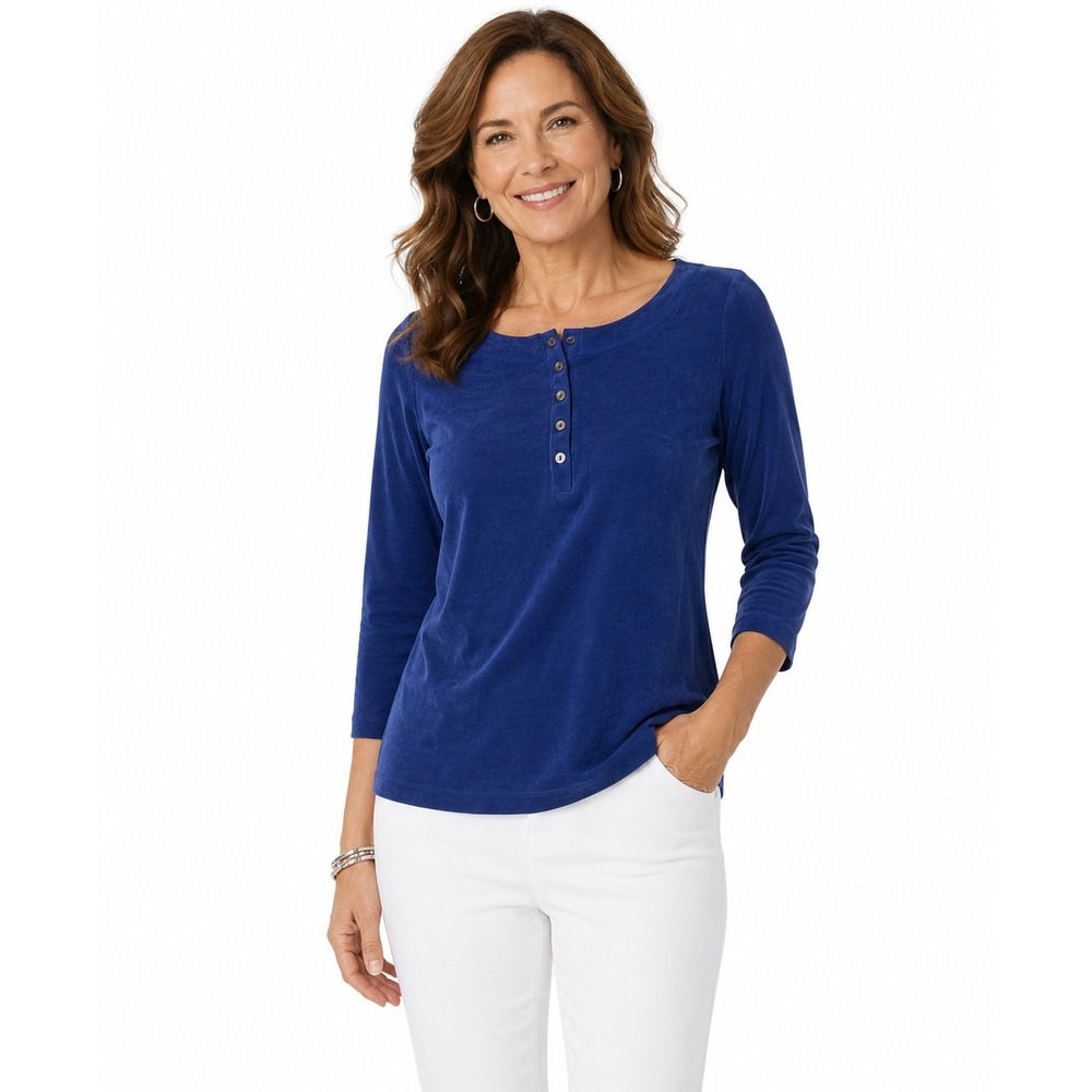 Chicos Travelers Womens Navy Blue Henley 3/4 Sleeve Top Size Small Acetate Blend